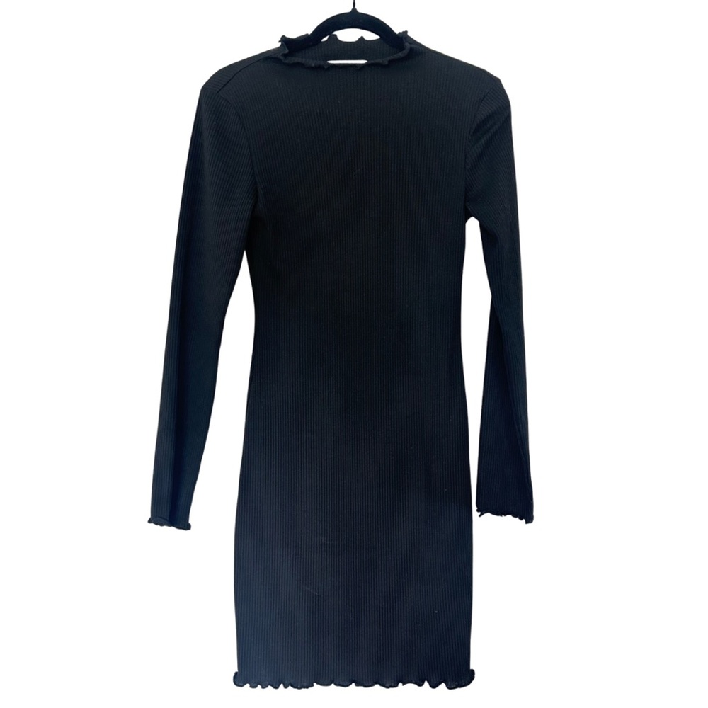 Cloud Ten (M) Black Ribbed To the Knee Dress - Lettuce Ruffle Hem, Stretch, Fall